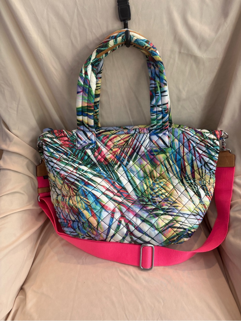 MZ Wallace Multicolor Quilted Tote with Hot Pink Strap Limited Edition